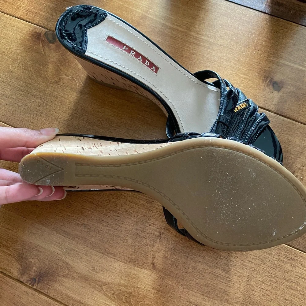 PRADA Black Patent Leather Cork Wedge Heel Sandals - Picture 3 of 5